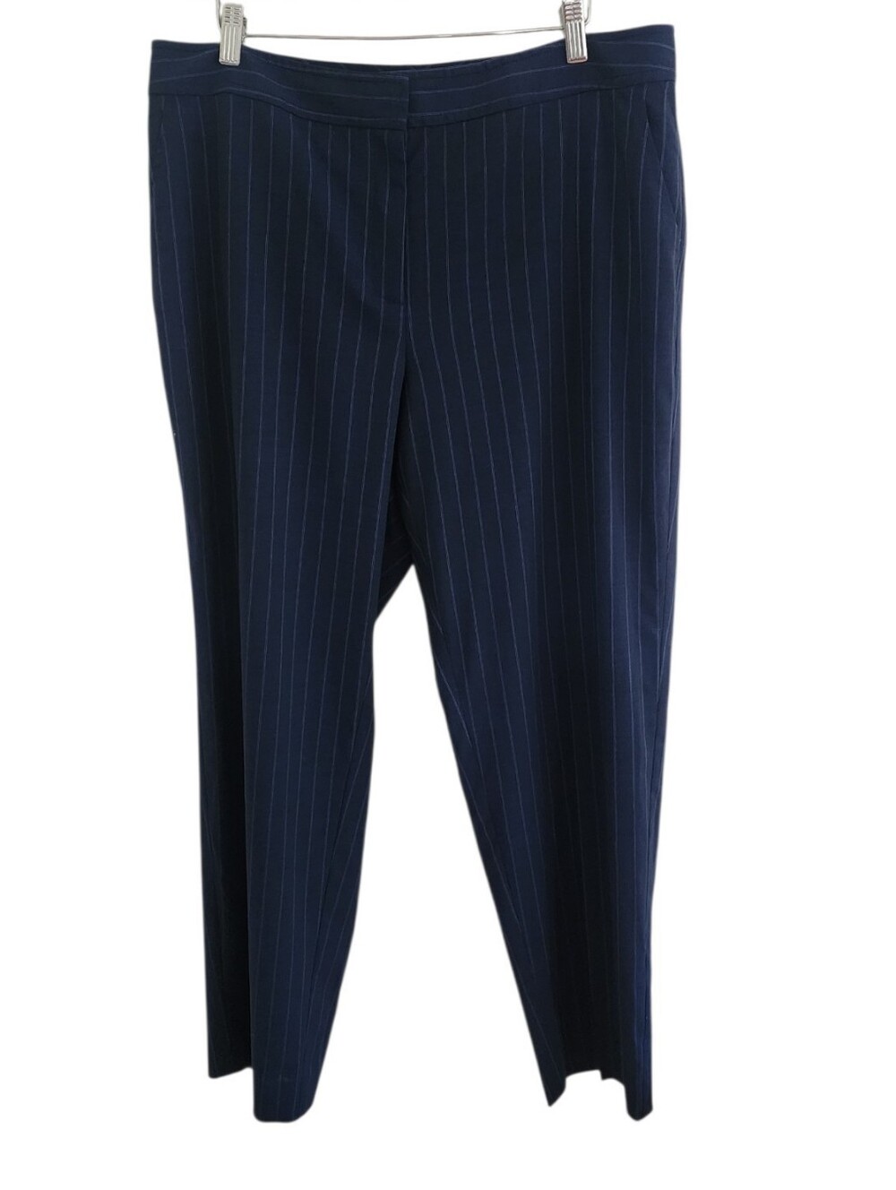St. John Wool Silk Pinstripe Tailored Trousers Navy Size 14 Made in USA - Picture 2 of 10